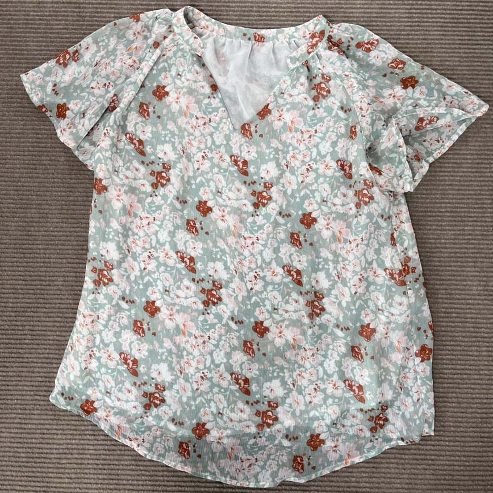 Sage Green Floral Flutter Sleeve Blouse Split V-Neck Boho Top Large